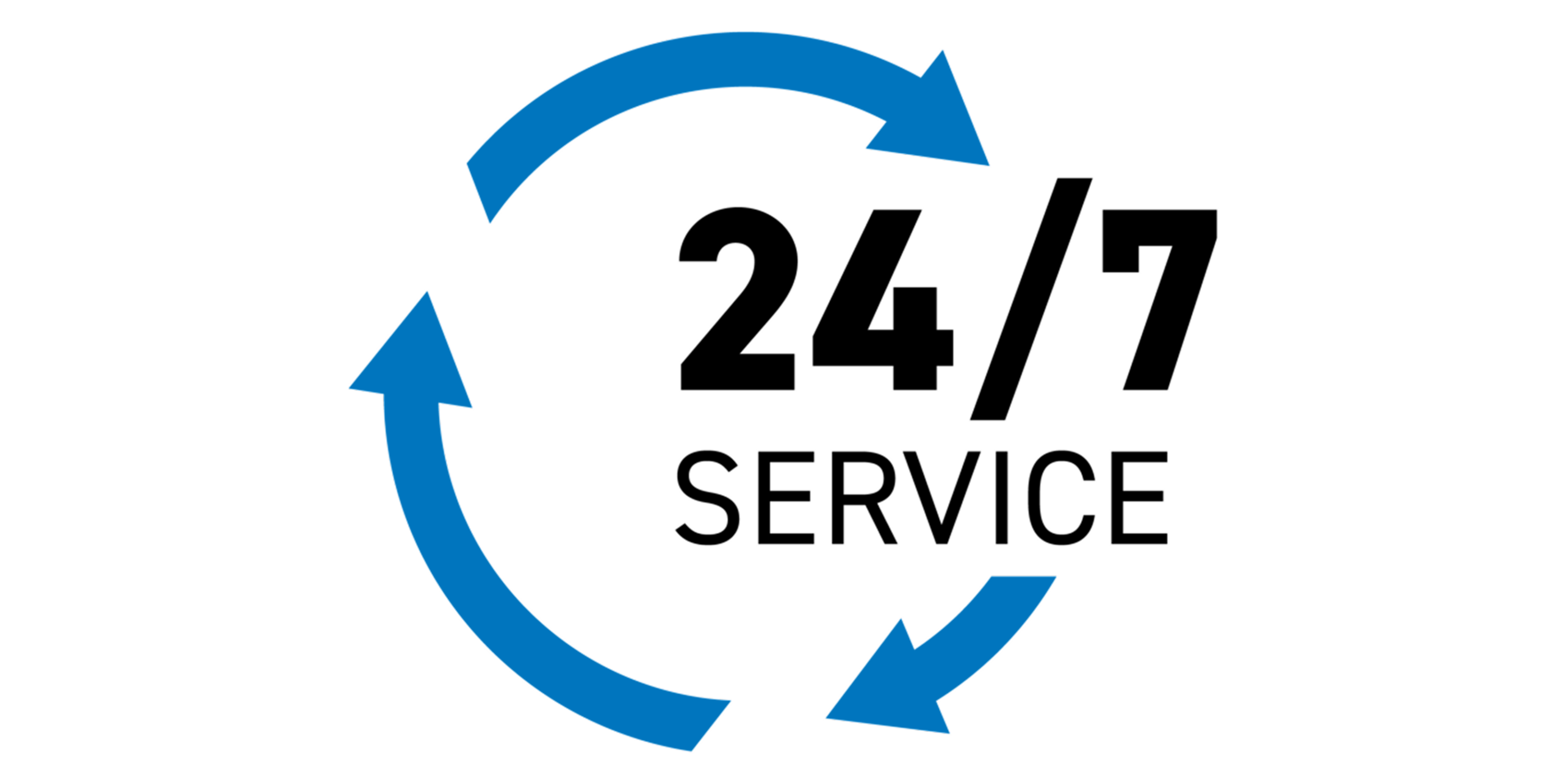 Ein Symbol mit der Aufschrift „24/7 Service“, umgeben von kreisförmigen Pfeilen, die für ununterbrobenen Betrieb und Support stehen.